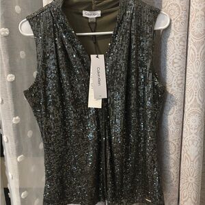 Calvin Klein Women's Sequin Sleeveless Top - Muted Olive